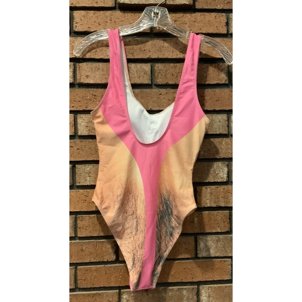 Womens 1 pc Swimsuit Hairy Chest and Back Pink String Bathing Suit Funny Size S - Picture 2 of 2